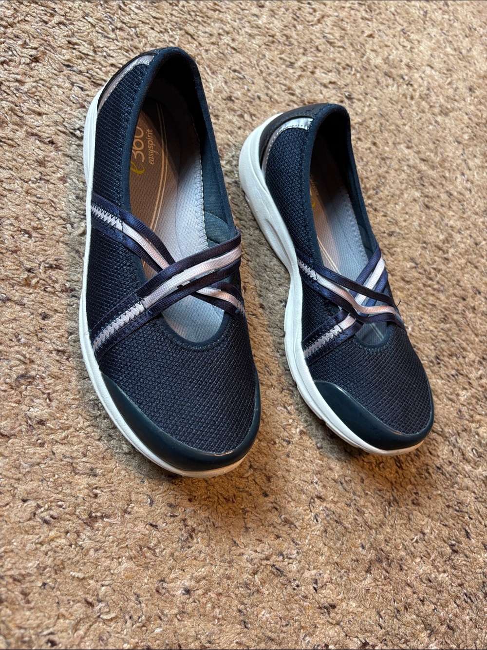 Skechers Navy Slip-On Flats with Metallic Rose Elastic Straps